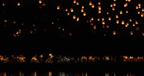 Floating lamp and lantern in the sky in yee peng festival Stock Footage 203151686