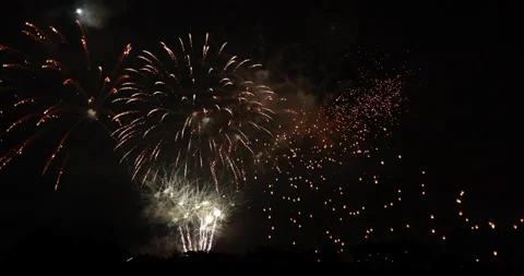 Floating lamp and lantern in the sky with fireworks Stock Footage 203154068