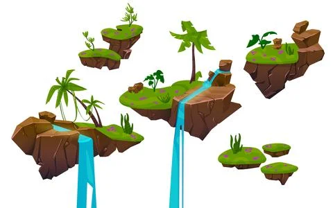 Floating land platform with grass, tree, waterfall 스톡 일러스트