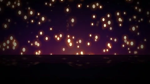 Floating Lantern Lights and Bokeh Particles Over Dark Water at Night Vídeo Stock 347317553