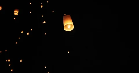 Floating Lantern Rising up into Night Sky Stock Footage 71359235