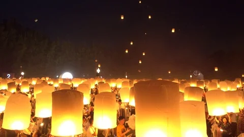 Floating lanterns on sky in Loy Krathong Festival Stock Footage 119798528