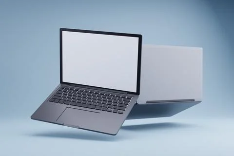 Floating laptop mockup, blank screen, blue studio, tech presentation Stock Illustration