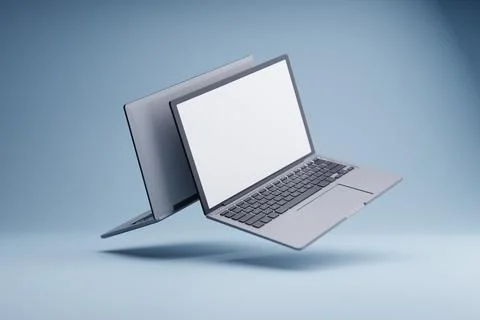 Floating laptops, mockup, studio, blue background, website design Stock Illustration