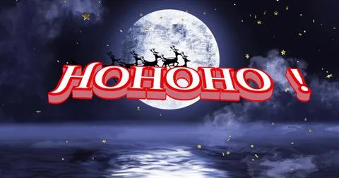 Floating large 3D HOHOHO ! text across night sky over water, full moon sleigh Ilustração Stock