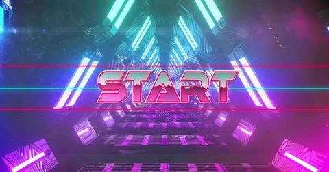 Floating large 3D START text glowing in synthwave tunnel, with neon laser lines, Ilustração Stock