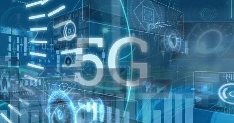 Floating large 5G text glowing in virtual interface, showing holographic panels Foto stock