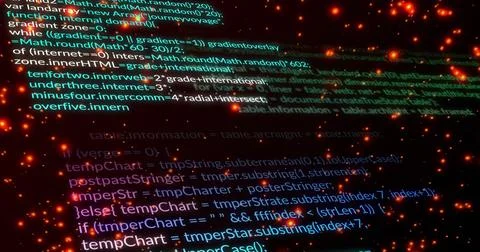 Floating large angled plane of colorful JavaScript code in dark void, showing Stock Illustration