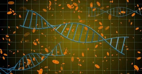 Floating large blue DNA helix extending across abstract biotech interface, with Illustrazione stock