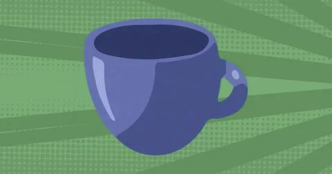 Floating large blue mug gliding against retro-themed green backdrop, with Stock Illustration