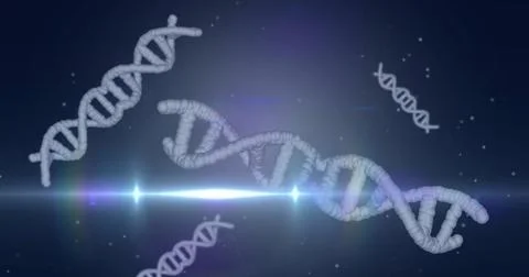 Floating large DNA double helix crossing blue-purple backdrop, with lens–flare 스톡 사진