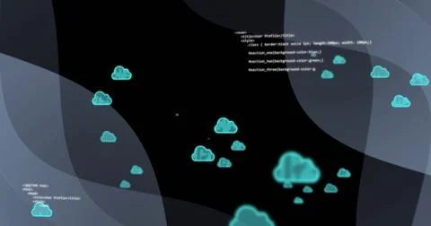 Floating large glowing teal cloud hovering right on black canvas with code 스톡 사진