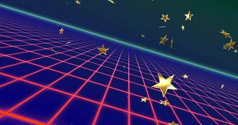 Floating large gold 3D star hovering over neon magenta grid plane, neon green Stock Illustration