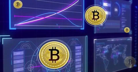 Floating large gold Bitcoin coin dominating center of virtual trading dashboa Illustrazione stock