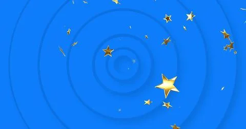 Floating large metallic gold star drifting over vivid blue concentric rings, Stockillustratie