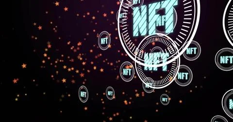 Floating large NFT token at right edge drifting through virtual space with イラスト素材