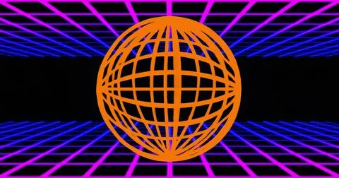 Floating large orange wireframe sphere rotating in virtual 3D environment, wi Ilustración de archivo