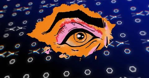Floating large stylized eye over deep blue network field, linking lines and g Stock Illustration