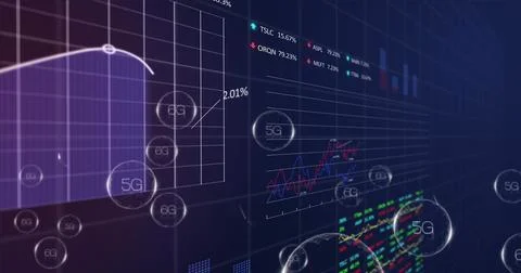Floating large translucent 5G sphere in virtual workspace, showing 6G orbs, line Stock Photos
