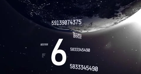 Floating large white digit 6 among numeric strings in outer space near planet Stock Illustration