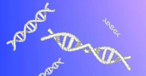 Floating large white DNA double-helix drifting in blue-purple gradient backdrop, Stock Illustration