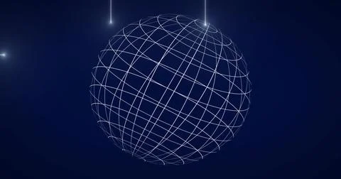 Floating large wireframe sphere hovering over deep navy-blue gradient, with Stock Illustration