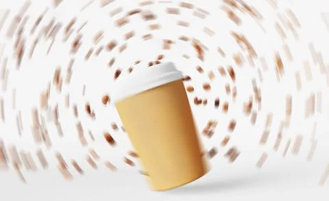 Floating latte cup flying beans 3D render motion blur copy space Energy sip Need Stock Illustration
