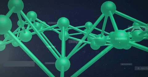 Floating lattice network twisting across navy backdrop with green spheres and Illustrazione stock