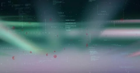 Floating layered alphanumeric code drifting across abstract digital HUD, 스톡 사진