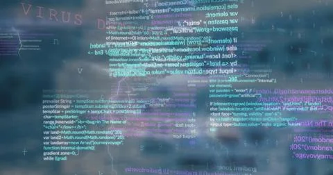 Floating layered JavaScript code and red VIRUS label pulsing across virtual 스톡 사진