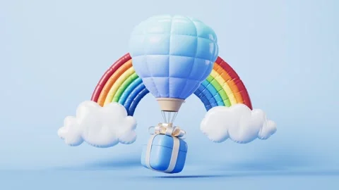 Floating light blue hot air balloon carrying gift box with rainbow and clou.. Stock Footage 332388666