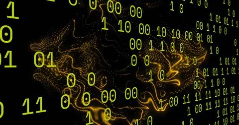 Floating lime-green binary digits over golden particle waves in virtual void, Stock Illustration