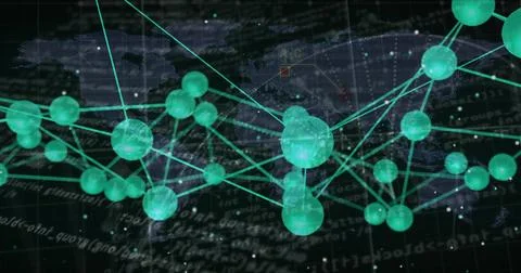 Floating linked turquoise spherical nodes glowing along lines above dark grid, Stock Illustration