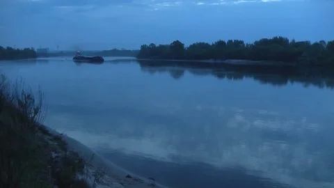 Floating Long Cargo Barge Down by the River Stock Footage 72164447