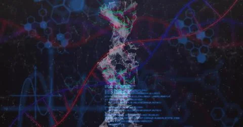 Floating low-poly digital figure interacting with DNA helix in virtual realm, Stock Photos