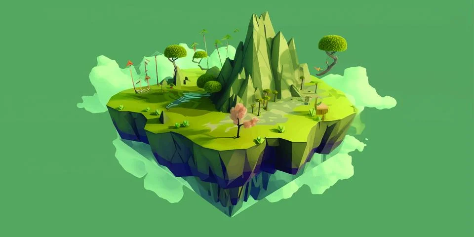 Floating low poly island with sharp edges and a hand drawn 3D effects Stock Illustration