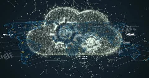 Floating luminous digital cloud hologram hovering above virtual 3D map, Stock Illustration