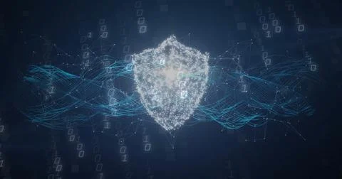 Floating luminous digital shield hovering in virtual cyberspace, with cyan mesh 스톡 일러스트