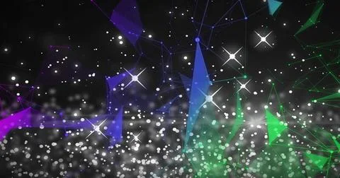 Floating luminous network spanning dark virtual space, showing purple blue green Illustrazione stock