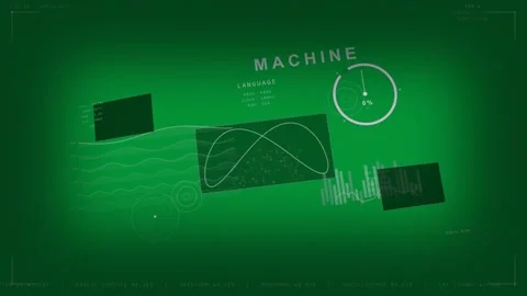 Floating MACHINE HUD animating crossing curves, scatter, 0% gauge, bar chart on Stock Footage 333907505