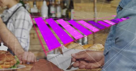 Floating magenta 3D bar chart spanning cafe counter, overlaying white cup, 写真素材