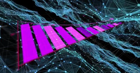 Floating magenta 3D bars receding in dark virtual data space, with azure nodes Stock Illustration