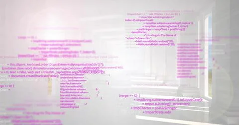 Floating magenta code overlay blending through bright corridor with large 스톡 사진