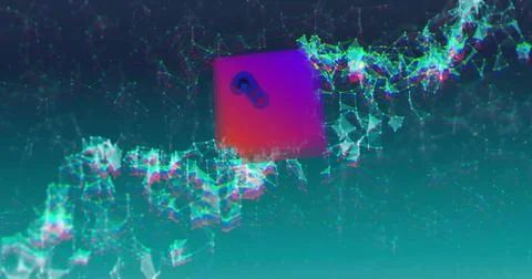 Floating magenta square drifting through virtual space, with neon mesh of 库存照片