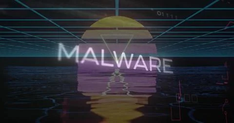 Floating MALWARE text moving over neon grid and rippling water, with glowing sun Stock-Illustration