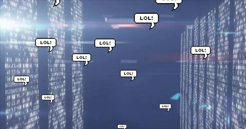 Floating many comic speech bubbles showing LOL! in virtual data aisle, with b Illustrazione stock