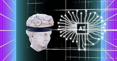 Floating marble bust head rotating, separating in virtual studio, with dark band Stock-Illustration