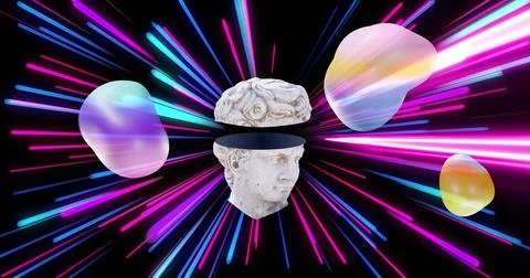 Floating marble bust showing horizontal split and black gap in studio, neon Stock Illustration