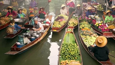 Floating market is famous in Thailand Stock Footage