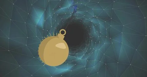 Floating matte-gold orb with loop, spikes hovering in teal wireframe tunnel, lit Stockillustratie